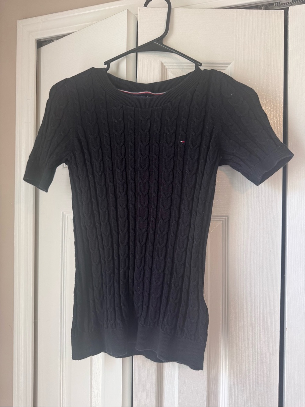 Tommy Hilfiger Black Cable Knit Short Sleeve Sweater Top XS
